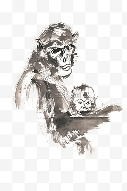 依偎的母子猴水墨画PNG免抠素材