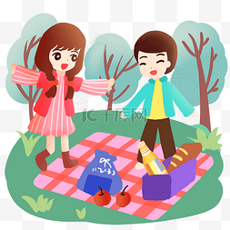 草地野餐人物图片_春季姐弟二人一起野餐