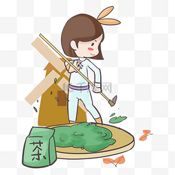 卡通插画女生图片_手绘卡通炒茶的女孩