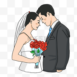 婚礼季节新婚夫妻手拿玫瑰花靠在