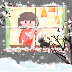 冬天冬季雪天下雪女孩猫咪窗口赏