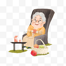 坐在月亮的小孩图片_卡通手绘坐在椅子上喝茶的老奶奶