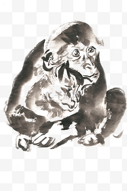 狗狗亲近图片_搂豹子的猩猩水墨画PNG免抠素材