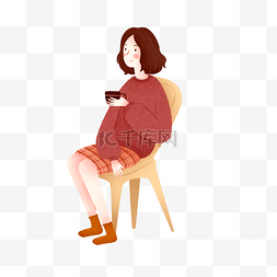 坐着人物psd图片_卡通坐着喝水的女人