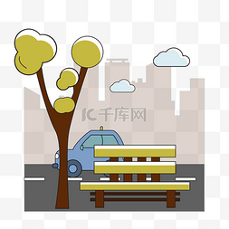 免抠大树剪影图片_卡通风城市汽车大树长椅
