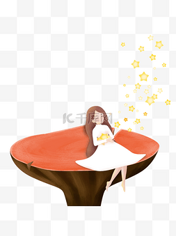 唯美小清新坐在蘑菇上的女孩