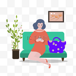 坐在沙发上的女人图片_卡通风正在喝咖啡的女人