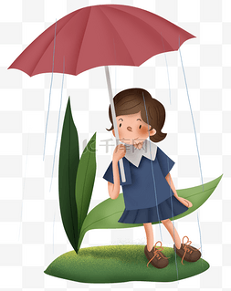 雨天的女孩图片_二十四节气雨水坐在叶子上打伞的