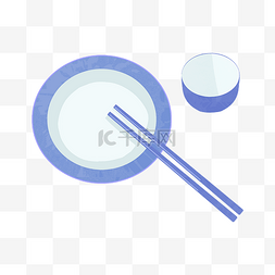 卡通盘子筷子图片_手绘蓝色餐具插画