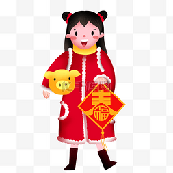 春手绘人物图片_新年人物和金猪插画