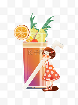 橙子果汁手绘图片_手绘可爱女孩喝果汁元素