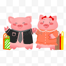 卡通手绘新年购物的两只可爱小猪