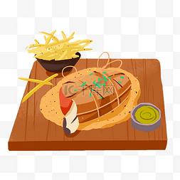卡通食物手绘插画图片_西式美食薯条牛排手绘插画