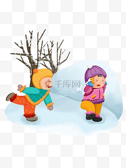 卡通可爱女孩冬季雪天打雪仗玩耍