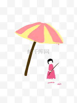 伞下拿着钓鱼竿的女孩 