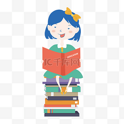 阅读女孩插画图片_坐在书籍上看书的女孩矢量插画