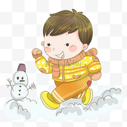 冬季雪地里奔跑小男孩插画