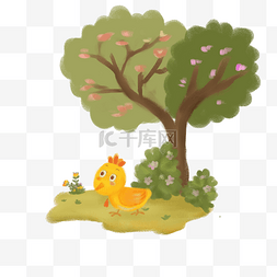 花儿童插画图片_卡通小黄鸡在花园玩耍