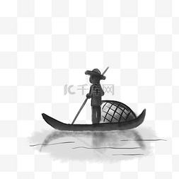 水墨小船和渔夫插画