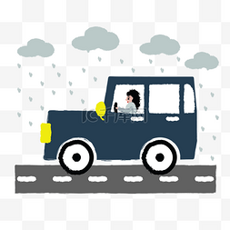 卡通汽车免抠图图片_卡通插画风下雨天开车的女司机