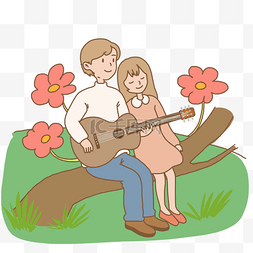 春日情侣弹吉他手绘插画免抠元素