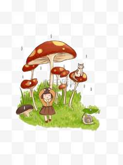 植物商业手绘元素小女孩和蘑菇