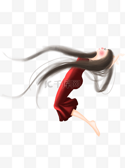 梦幻跳跃的酒红色长裙长发美女