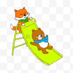 开学日卡通手绘玩滑梯的狐狸和小