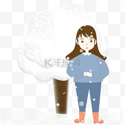 冬季雪景插画图片_站在雪地里的女孩