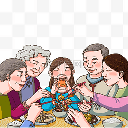 手绘春节场景图片_卡通手绘一家老小团聚吃饭场景图