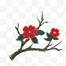 花树枝卡通图片_中国风红花绿叶一段树枝