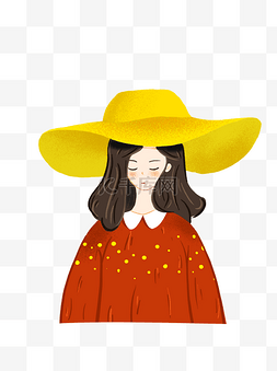 太阳帽女孩图片_手绘红毛衣黄帽子的女生可商用元