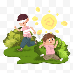 插画可爱小男孩图片_和朋友在草坪上玩捉迷藏
