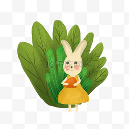 春天绿色手绘插画兔子植物