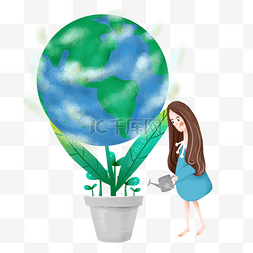 绿色地球手绘海报图片_简约给地球浇水的女孩插画海报免