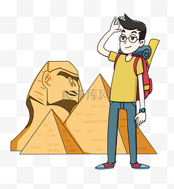 开心游玩图片_男孩埃及金字塔旅游插画