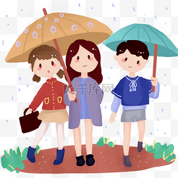 春季下雨图片_惊蛰春天下雨孩子们小路打伞可爱