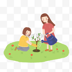 一起植树图片_两个小女孩一起植树