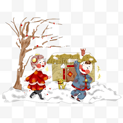 冬季下雪插画图片_卡通手绘厚涂元旦孩童打雪仗温馨