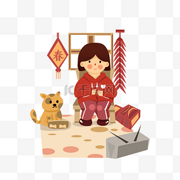 卡通猫字图片_新年人物和猫咪插画