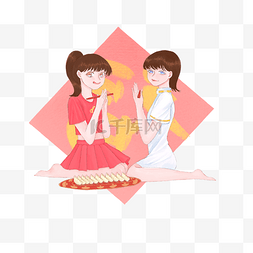 作揖图片_手绘姐妹新年做饺子