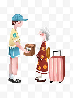 复古男孩图片_卡通彩绘给日本老奶奶送礼的男孩