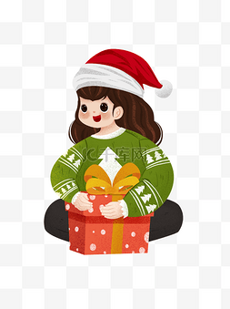 圣诞帽q版图片_圣诞节开心抱着礼物的女孩设计i