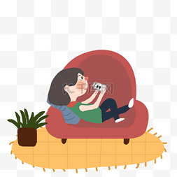 插画沙发图片_暑假躺在沙发上玩手机游戏的女生