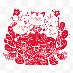 新年剪纸卡通猪图片_2019中国风春节猪年卡通猪福娃剪