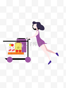 推着购物车的人图片_推着购物车的女孩插画元素设计