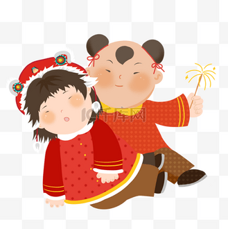 2019年手绘中国风金童玉女过新年
