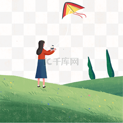 风筝线稿图片_彩色放风筝的女孩元素