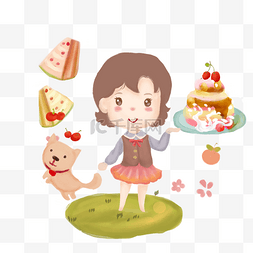 小女生甜甜蛋糕牛奶樱桃
