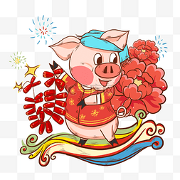 猪大吉图片_放鞭炮花朵猪年春节2019年